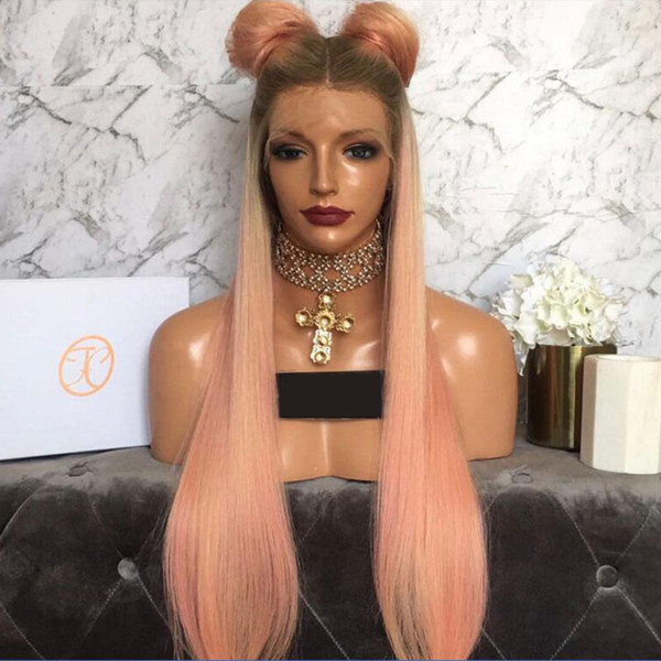 New Lace Front Human Hair Wigs Pink Color With Brown Roots Glueless Full Lace Wig Middle Part Straight Lace Human Hair Wig Pink