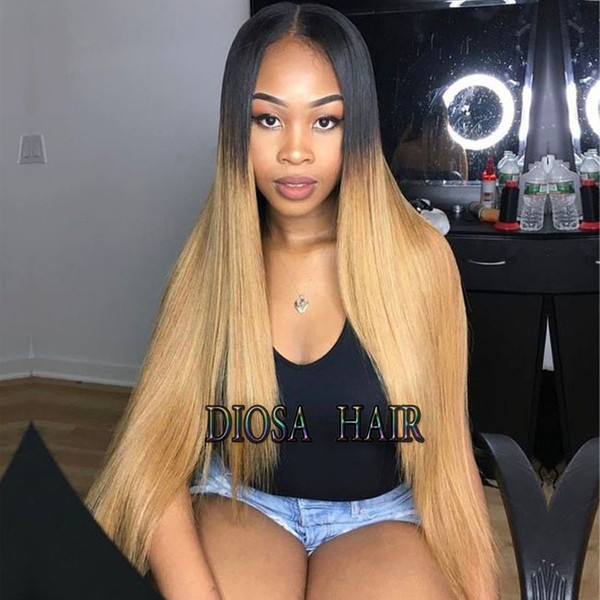 Diosa Ombre Glueless Full Lace Human Hair Wigs With Baby Hair Blonde Lace Front Wig With Natural Hairline Black Roots