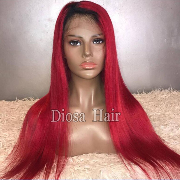 Ombre lace front wig Red Brazilian Virgin Hair Full Lace Silky Straight Lace Front Human Hair Wig With Dark Roots For Women