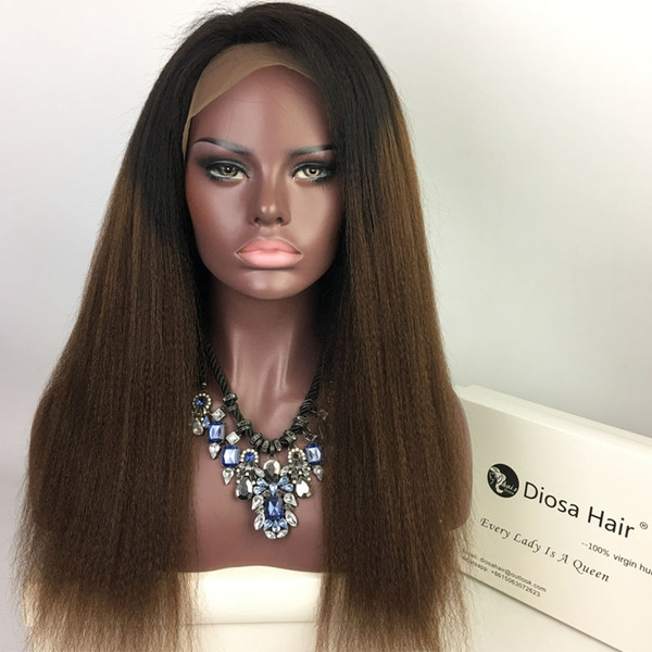 Virgin Brazilian Human Hair Lace Front Wig Heavy Yaki Straight 1BT#30 Ombre Kinky Straight Full Lace Wig