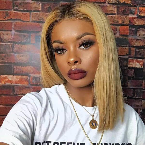 1B 27 Short Bob Full Lace Human Hair Wigs With Baby Hair Straight Ombre Honey BlondeVirgin Lace Front Wig Pre Plucked