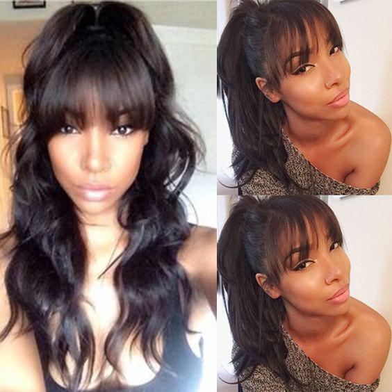 Body Wavy Full Lace Wig With Bangs Lace Front Human Hair Wig Full Bangs Natural Color for Black Women