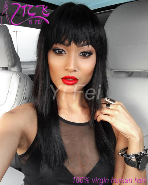 Silk Straight Lace Front Human Hair Wigs With Bangs Brazilian Remy Full Lace Wig For Black Women Pre Plucked Bleacehd Knots