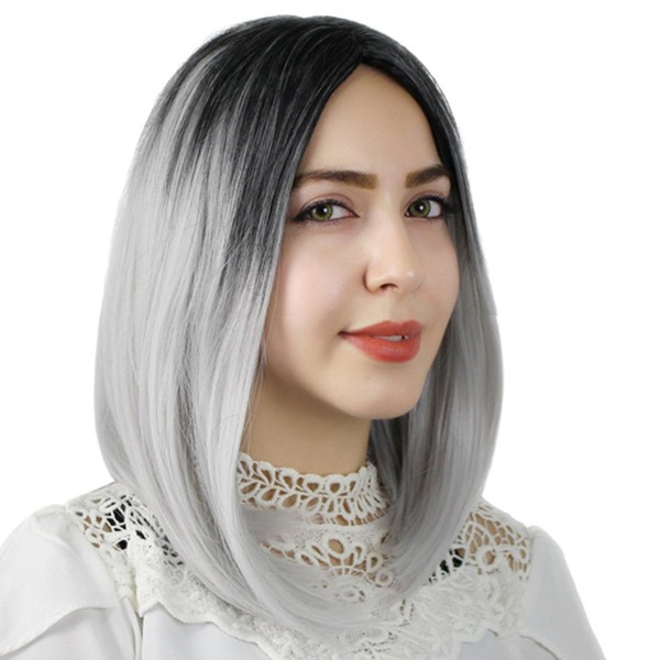 Ombre Black Gray Straight Medium Short Bob human hair full lace wigs for black women lace front wigs