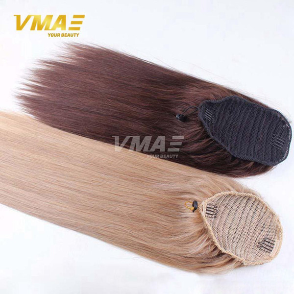 Straight human Ponytail hair Natural Non Remy Hair horsetail tight hole Clip In Drawstring Ponytails Hair Extensions