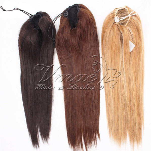 100g Straight Virgin Human Pony tail Hair Extensions Natural Non Remy Horsetail Tight Hole Clip In Drawstring Ponytail Blonde Brown Color