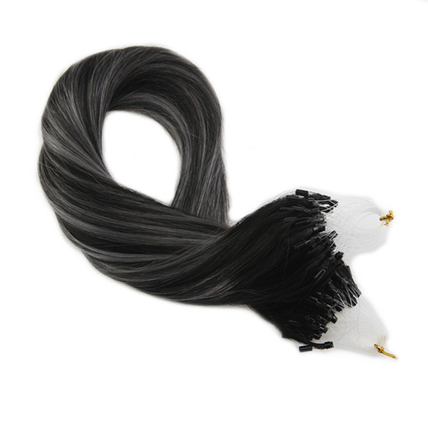 Moresoo Micro Ring Loop Hair Extension Human Hair Extensions Color Off Black #1B Fading to Silver Grey Micro Loop 1g/s 50g