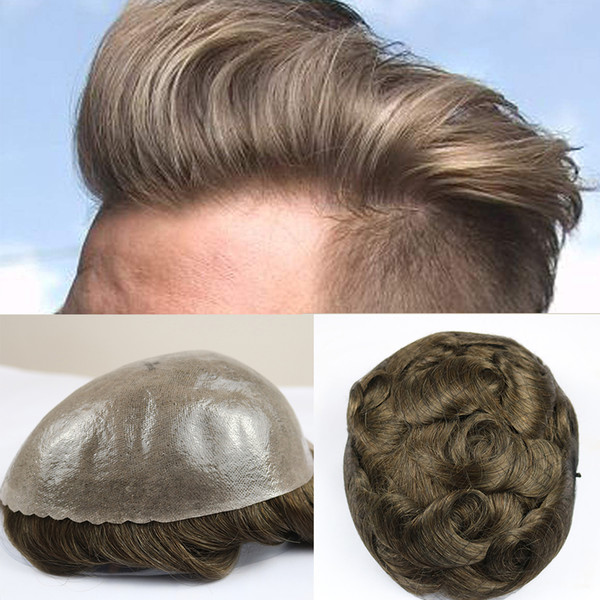 Durable Thin Skin Mens Wigs Human Hair Replacement Brown Color And Grey Color Inside PU Men Hair Toupee