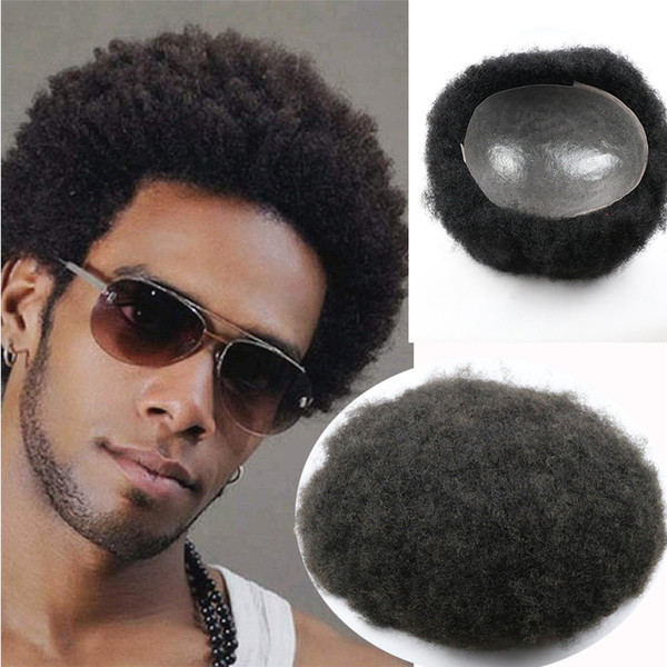 Afro Toupee for Men Human Hair Black African American Wigs Full Skin 8x10inch African Curly Afro Toupee for Mens Curl Wigs