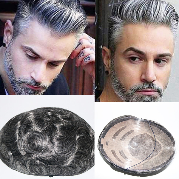 New Arrival 100% Real Hair Replacement Short Slight Wave Gray Brown Handsome Human Hair Toupee Wigs