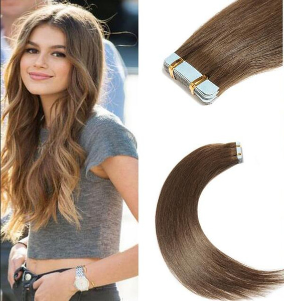 Tape in Hair Extensions Human Hair 20 inch 50g/pack 20pcs Seamless Skin Weft Remy Straight Hair 4# Brown