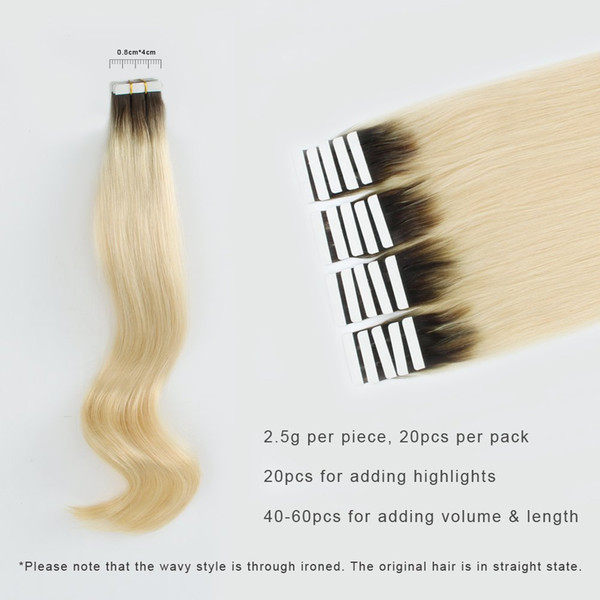 Remy Tape in Hair Extensions Blonde - Pre Taped Double Sided Real Human Hair Skin Weft, Platinum Ash Blonde with Darkest Brown Base Color