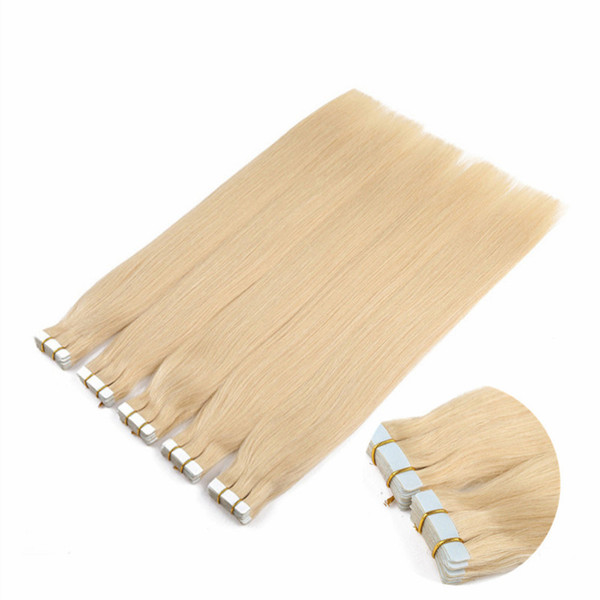 Double Drawn Skin weft Tape in Human Hair 16- 22inch Invisible Silky Straight Blonde Tape on Remy Hair Extensions 200Grams Lot, Free DHL