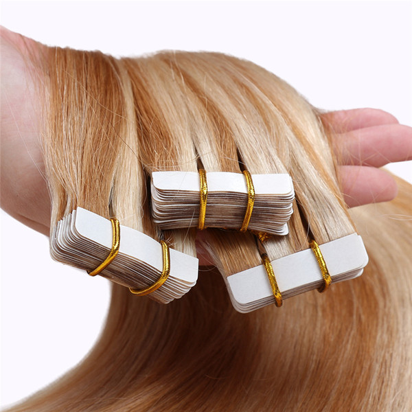 ELIBESS Hair -Tape In Human Hair Extensions Adhesives Invisible Straight Machine Remy Hair #P27/613 40pcs Ombre Color Skin Weft 16-20