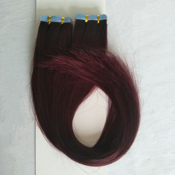 Red Wine Color 99J# Tape in hair products Top Grade virgin brazilian skin weft hair extensions 100g Tape In Human Hair Extensions 60PCS Lot