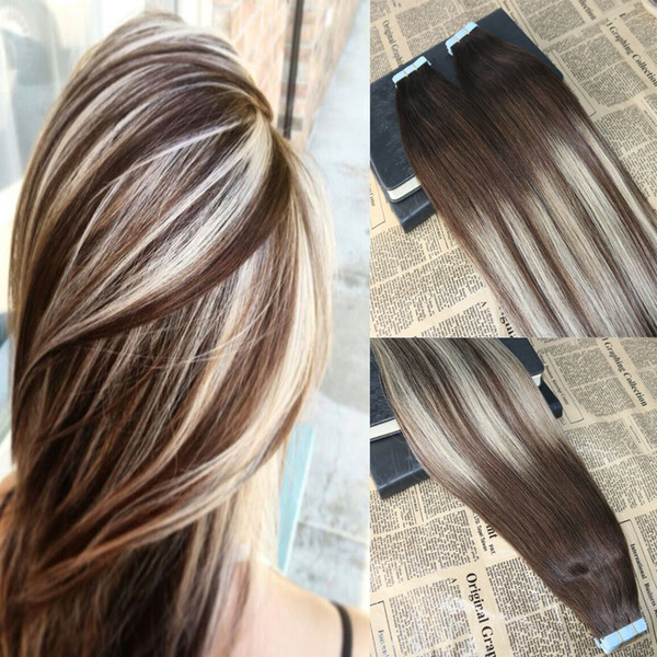 Omber Tape in Hair Extensions Color #3 Fading to #24 Highlighted Tape in Extensions Human Hair 8A Grade Glue in Extensions 100g/40pcs