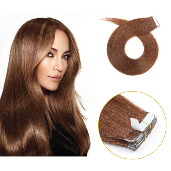 invisible tape in human hair extensions SHOWJARLLY #6 Chestnut Brown Adhesive Seamless Skin Weft Remy hair extensions tape on hair