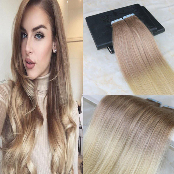 Tape In Human Hair Extensions 40pcs 100g Tape Human Hair Extension Straight Brazilian PU Skin Weft Hair