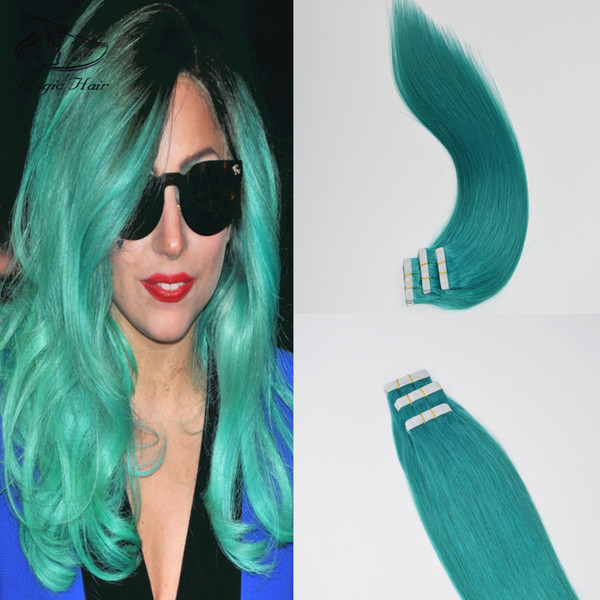 Teal Color Seamless Tape in Real Remy Hair Extensions European Virgin Human Hair Skin Weft Hair Extensions 40Pcs 100G Tape on Extensions