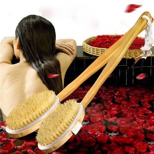 Bath Brush Natural Wood Long Bristle Body Back Soft Brush Wooden Handle Bath Shower Spa Scrubber Dry Skin Exfoliating Brush Massager