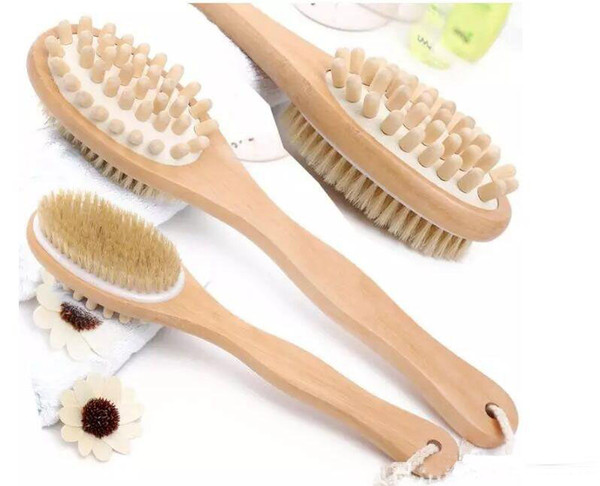 NEW Hot 2 in 1 Sided Natural Bristles Scrubber Long Handle Wooden Spa Shower Brush Bath Body Massage Brushes