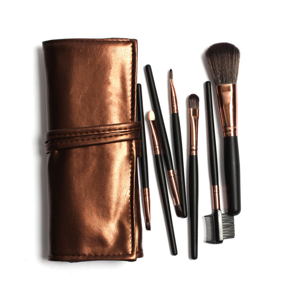 2019 Hot Professional 7pcs Protable Makeup Brushes Set Kit In Sleek Golden Leather Bag Portable Make up Brushes