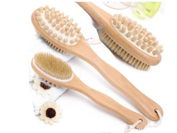 Hot 2 in 1 Sided Natural Bristles Scrubber Long Handle Wooden Spa Shower Brush Bath Body Massage Brushes