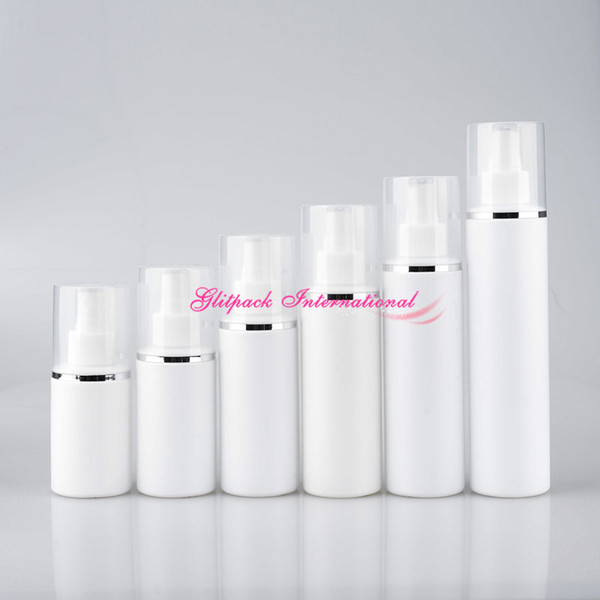 100ml 200ml HDPE cosmetic lotion tube packaging 7oz empty plastic pump cosmetic bottles wholesale silver rim clear cover all white bottle