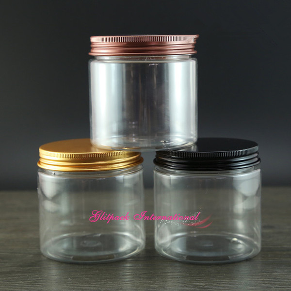 30pcs 7oz Clear skin care packaging design 200m Round beauty containers 200g Metal Lid Lined Aluminum,PET packaging jars Body Scrubs case