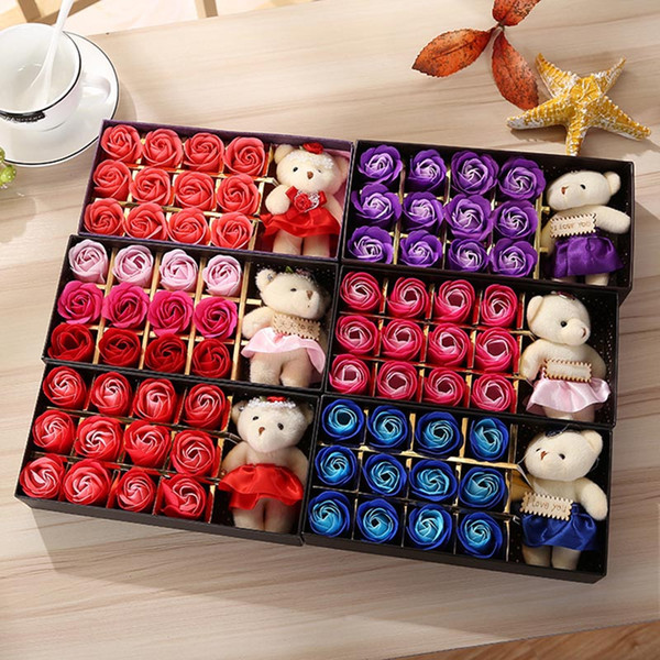 Romantic Rose Soap Flower With Little Cute Bear Doll 12pcs Box Gift For Valentine Day Giftsfor Wedding Gift or birthday Gifts