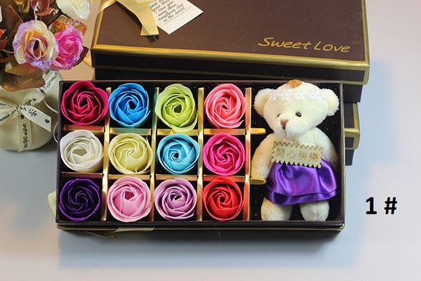 Romantic Never fade Rose Soap Flower With Cute Bear Doll 12pcs flower For Valentine Day Gifts For Wedding Gift or birthday Gifts