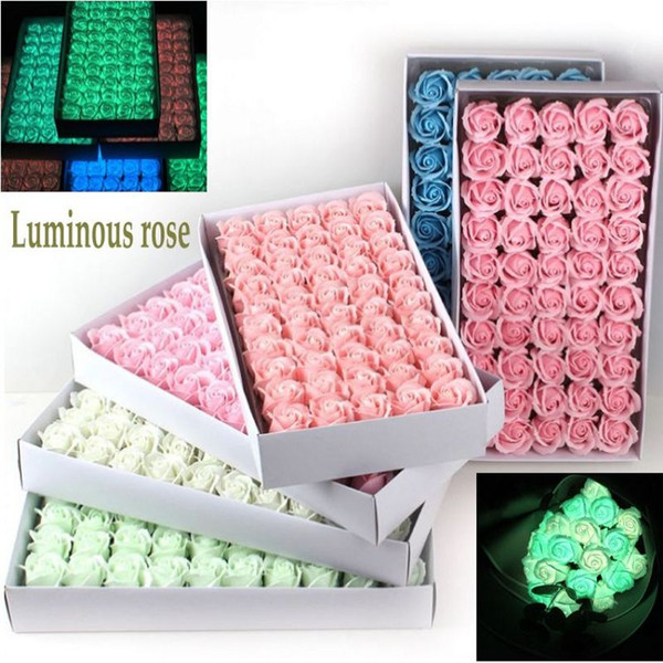 Luminous Rose Soap Flower Head Three-Layer Solid Colors Night Light Soap Flowers Gift Box Bouquet Flower Packaging Materials 50Pcs/set