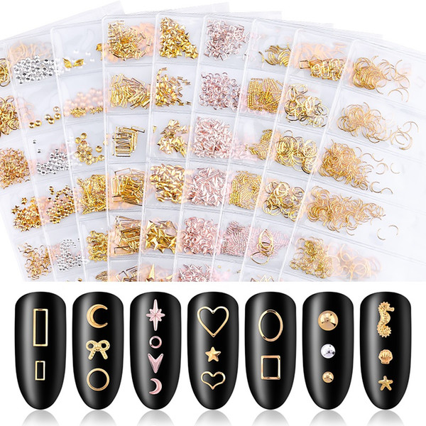 Tamax Mixed 6 styles/bag 3D Gold Metal Rivets Nail Studs Round Animal Moon Decoration Nails Shell Sticker Manicure DIY Accessories