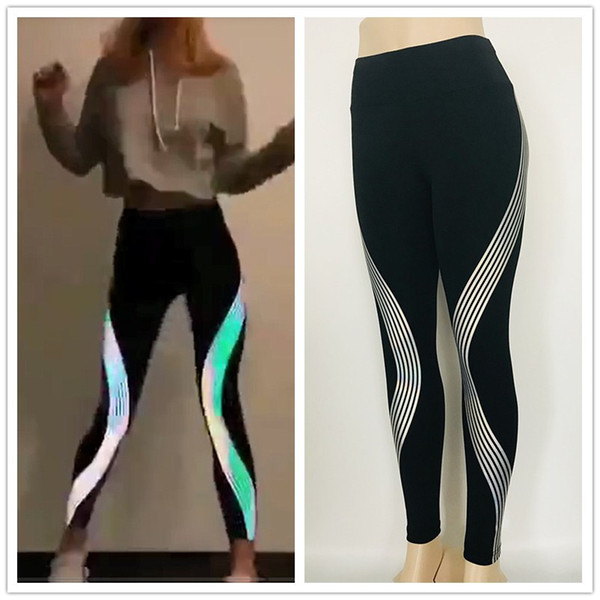 DHL Reflective Glow in the Dark Night Light Stripes Laser Fitness Yoga Pants Tights Sportswear Tracksuit Women Female Body Support Corrector