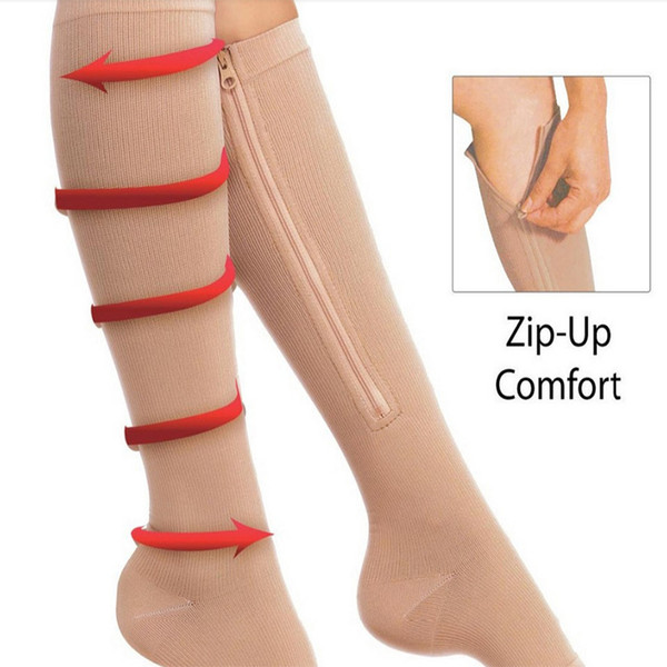 Zip Sox Zip-Up Zippered Compression Knee Socks Supports Stockings Leg Open Toe Hot Shaper Black and Beige 170407