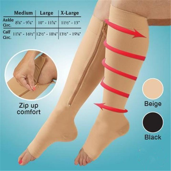 Zip Sox Zip-Up Zippered Compression Knee Socks Supports Stockings Leg Open Toe Hot Shaper Black and Beige by DHL 200pairs/lot