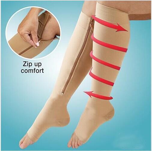 Zip Sox Zip-Up Zippered Compression Knee Socks Supports Stockings Leg Open Toe Hot Shaper Black and Beige by DHL 100pairs/lot
