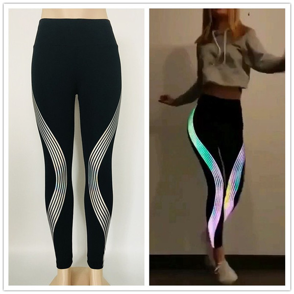 Hot Reflective Glow in the Dark Night Light Stripes Laser Fitness Yoga Pants Tights Sportswear Tracksuit Women Female(Leg Shaper