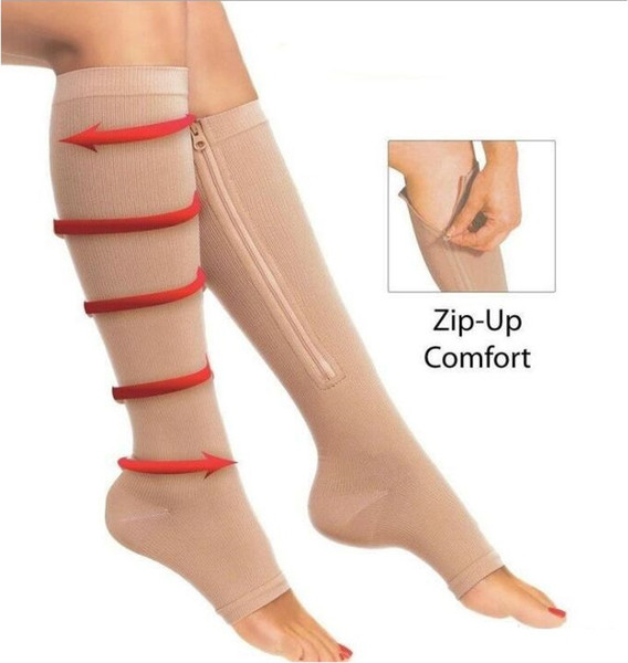 Factory price! 1000pair/lot Zip Sox Zip-Up Zippered Compression Knee Socks Supports Stockings Leg Open Toe Hot Shaper Black and Beige