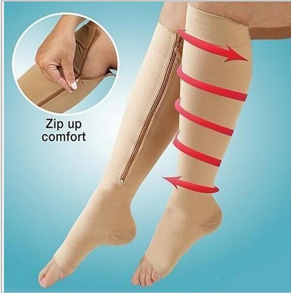 Zip Sox Zip-Up Zippered Compression Knee Socks Supports Stockings Leg Open Toe Hot Shaper Black and Beige