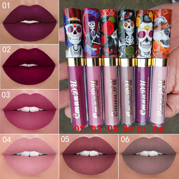 New Makeup CmaaDu SkullMatte 6 Colors Liquid Lipstick Waterproof and Long-lasting Skull Tupe Lipsticks Lip Make up Lipgloss