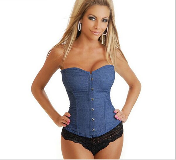 2018 New hot Jeans Corselet Plus Size Women Clothing Sexy Blue Denim Corset With Lace Thong Corset Tops To Wear Out