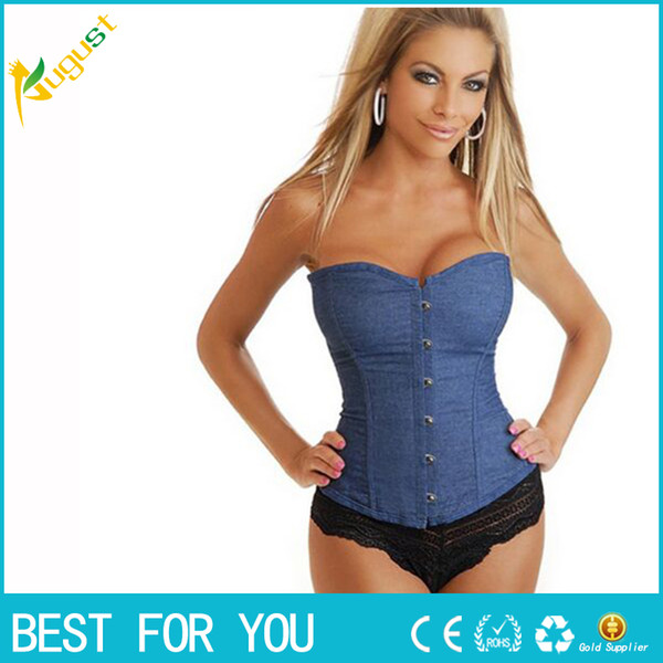 New hot Jeans Corselet Plus Size Women Clothing Sexy Blue Denim Corset With Lace Thong Corset Tops To Wear Out