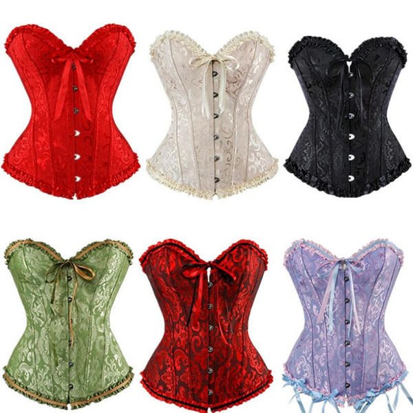 Women Sexy Satin Corset Brocade Floral Bustier Top Lace Up Back Lingerie Bodyshaper Shapewear Waist Exercise Corsets XS~6XL