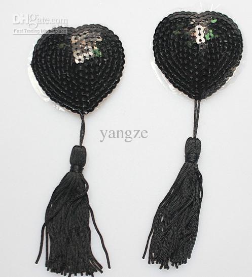 Sexy Sequin Nipple Covers with Tassel Heart Shaped Breast Nipple Covers New Fashion Sexy Pasties Black 1 Pair