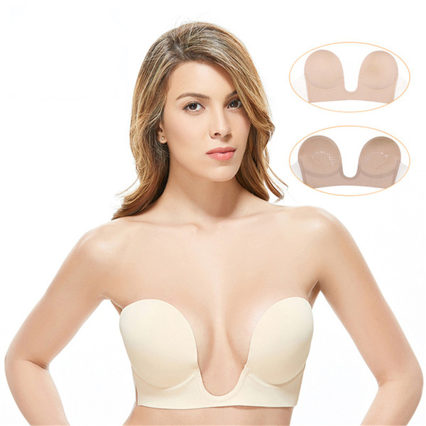 2018 New Invisible U Plunge Bra Backless Strapless Sticky Invisible Adhesive Bra Push up BraWomen invisible BraStrapless Backless Self Adhes