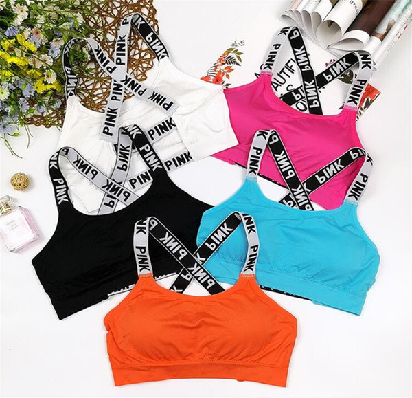 Pink Letter Bra Running Sports Shirts Yoga Gym Vest Push Up Fitness Tops Sexy Underwear Lady Crop Tops Shakeproof Adjustable Strap Bra