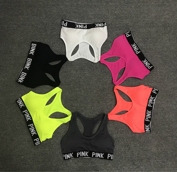 12pcs DHL Pink Letter Sports Bras Running Yoga Shirts Pink Gym Bras Push Up Fitness Vest Elastic Fashion Crop Tops Adjustable Sexy Underwear