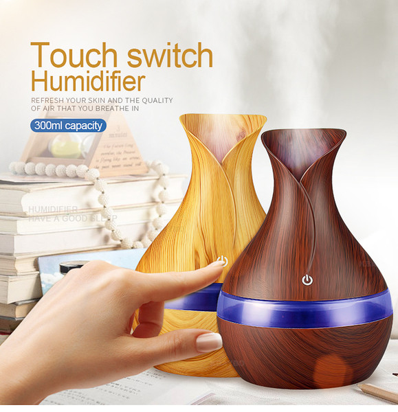 300ml Home Electric Aroma Diffuser Ultrasonic Air Aromatherapy Humidifier with Remote Control Wood Grian Vase Shape Essential Oil Diffuser