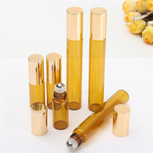 3ML 5ml 10ML Mini Roll On Glass bottle fragrance PERFUME Amber Brown THICK GLASS BOTTLES ESSENTIAL OIL bottle Steel Metal Roller ball